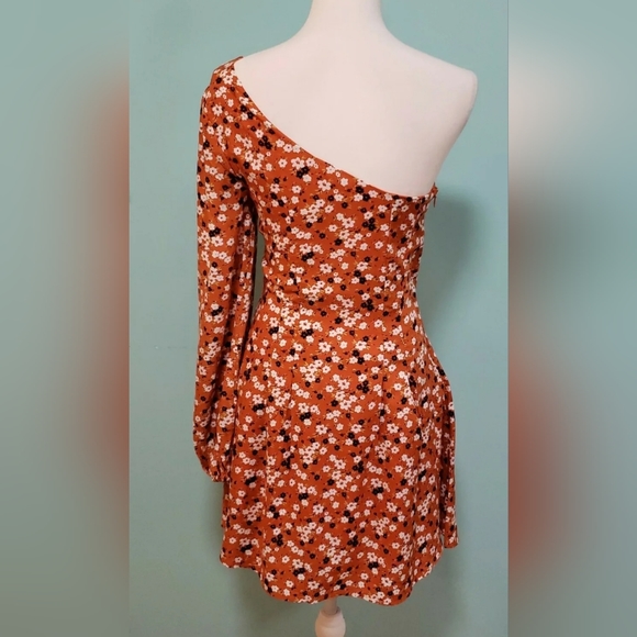 FREE PEOPLE JULES ONE SHOULDER LONG SLEEVE  FLORAL DRESS DARK CHEDDAR SZ 6 SMALL - Picture 4 of 7